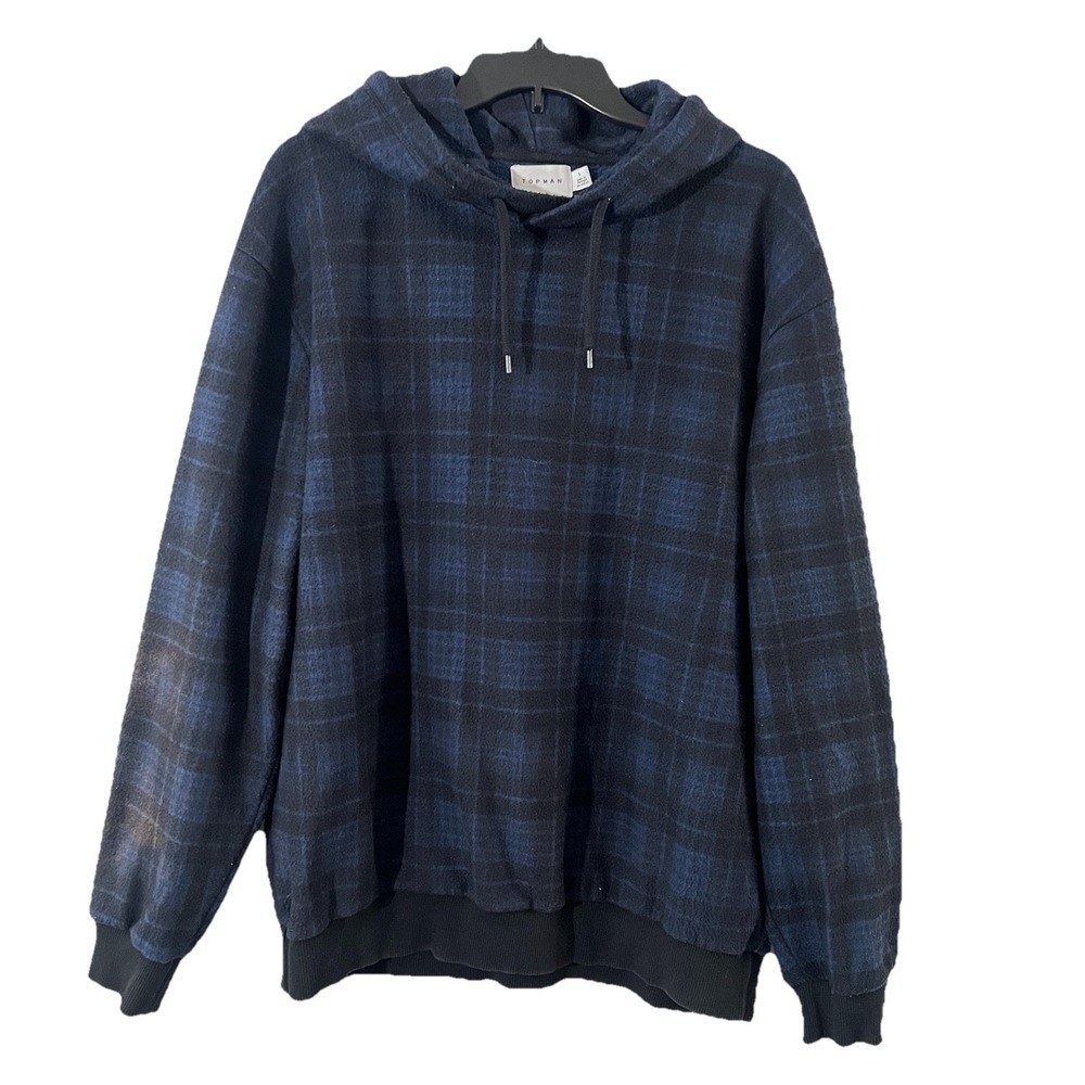 Topman Mens‎ Blue Plaid Fleece Hoodie Checked Pattern Sweatshirt Large Washed